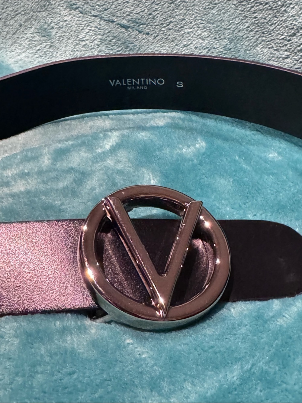 Valentino by Mario Valentino Black Leather Belt with Silver V Logo Buckle